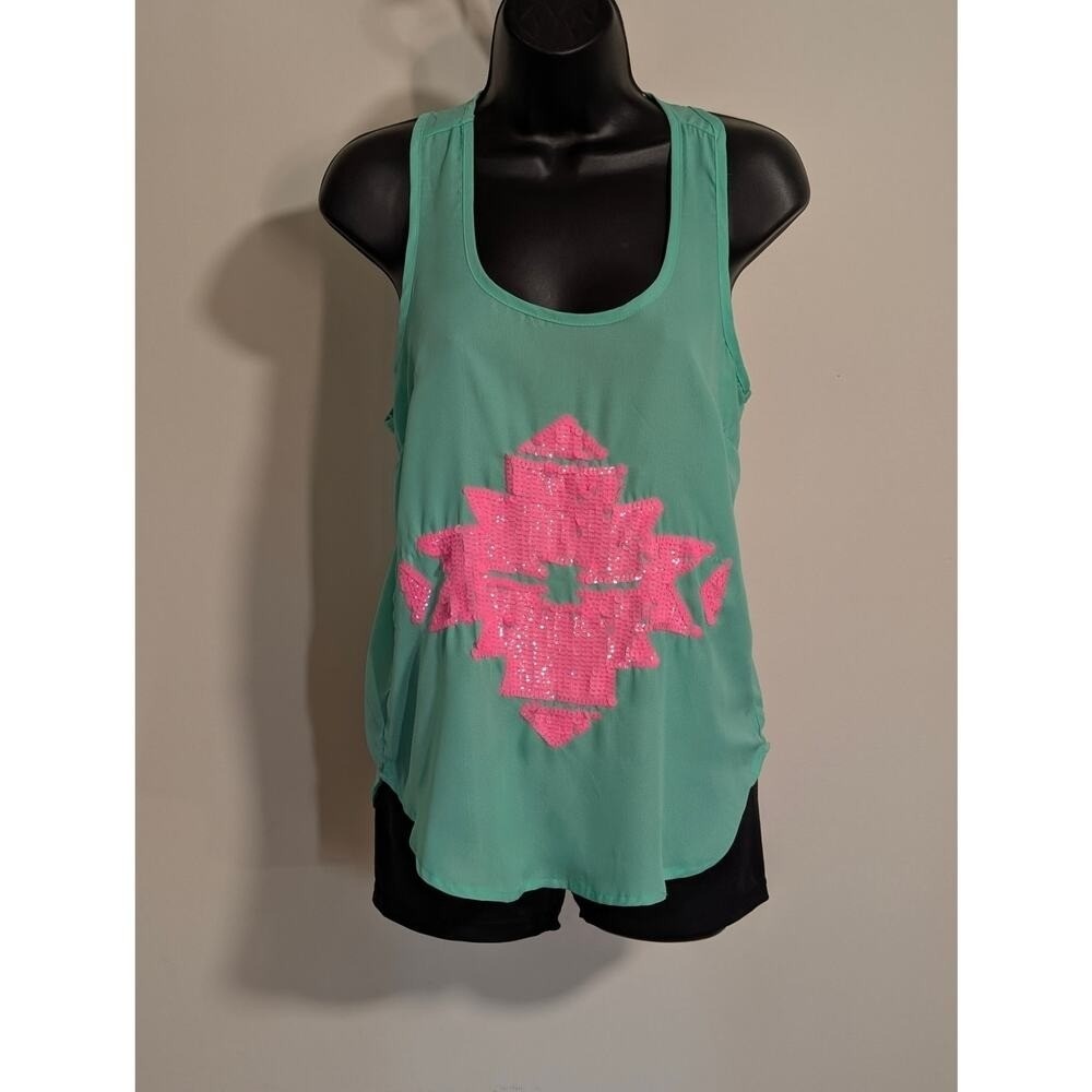 Rue21 Teal Sequin Graphic Blouse Summer Tank Top- Size Small
